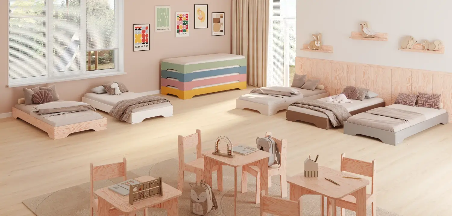 Łóżko pojedyncze dla dzieci podłogowe ze stelażem TILA 7 Montessori Drewniane